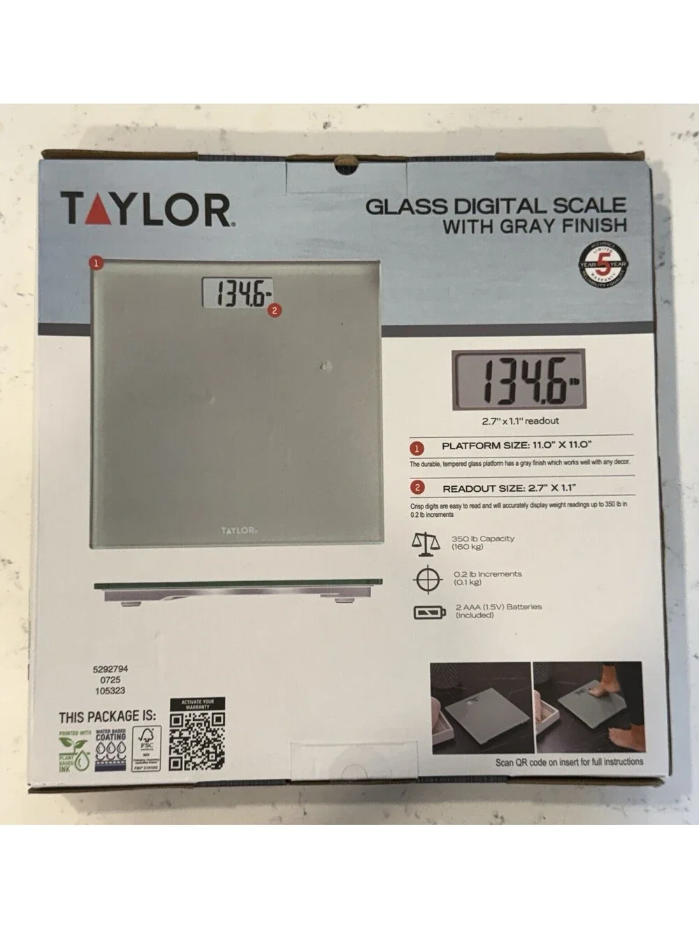 Taylor 5292794 Digital Bathroom Scale Glass Platform, Gray New